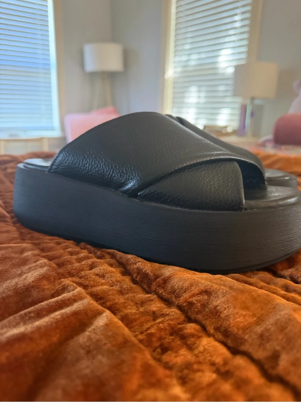 Anthropologie Black Leather Crisscross Slide Sandals